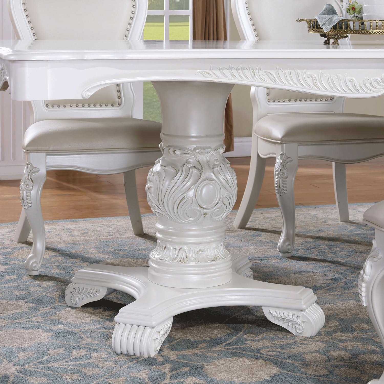 Solid Wood 7-Piece Dining Set with Expandable Table and 6 Leather Padded Side Chairs, White V884042