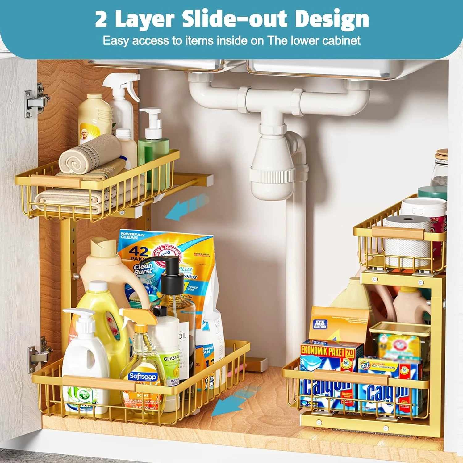 2 Pack Height Adjustable 2 Tier Pull Out Metal Under Sink Organizer X830443