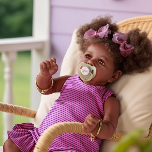 22 Inch Lifelike Soft Body Reborn Baby Doll with Taupe Eyes Caramel Skin Tone Pink Striped Skirt F761