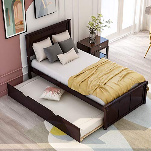 Twin Espresso Wood Low Platform Bed Frame with Headboard and Footboards T481254