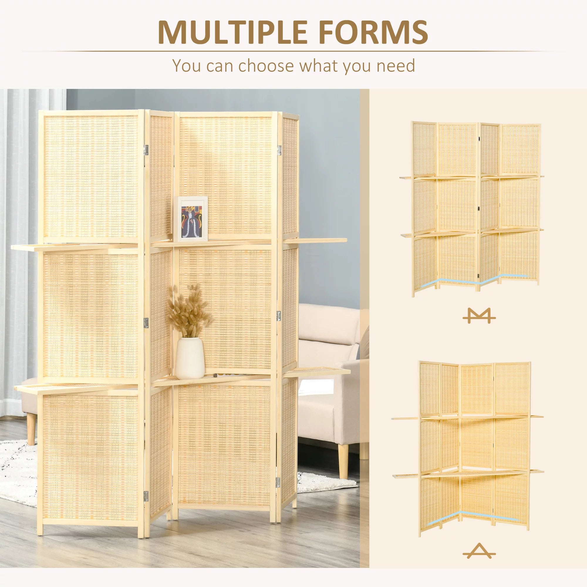 6 Ft Freestanding Bamboo Privacy Screen Panel with Storage Shelves R117
