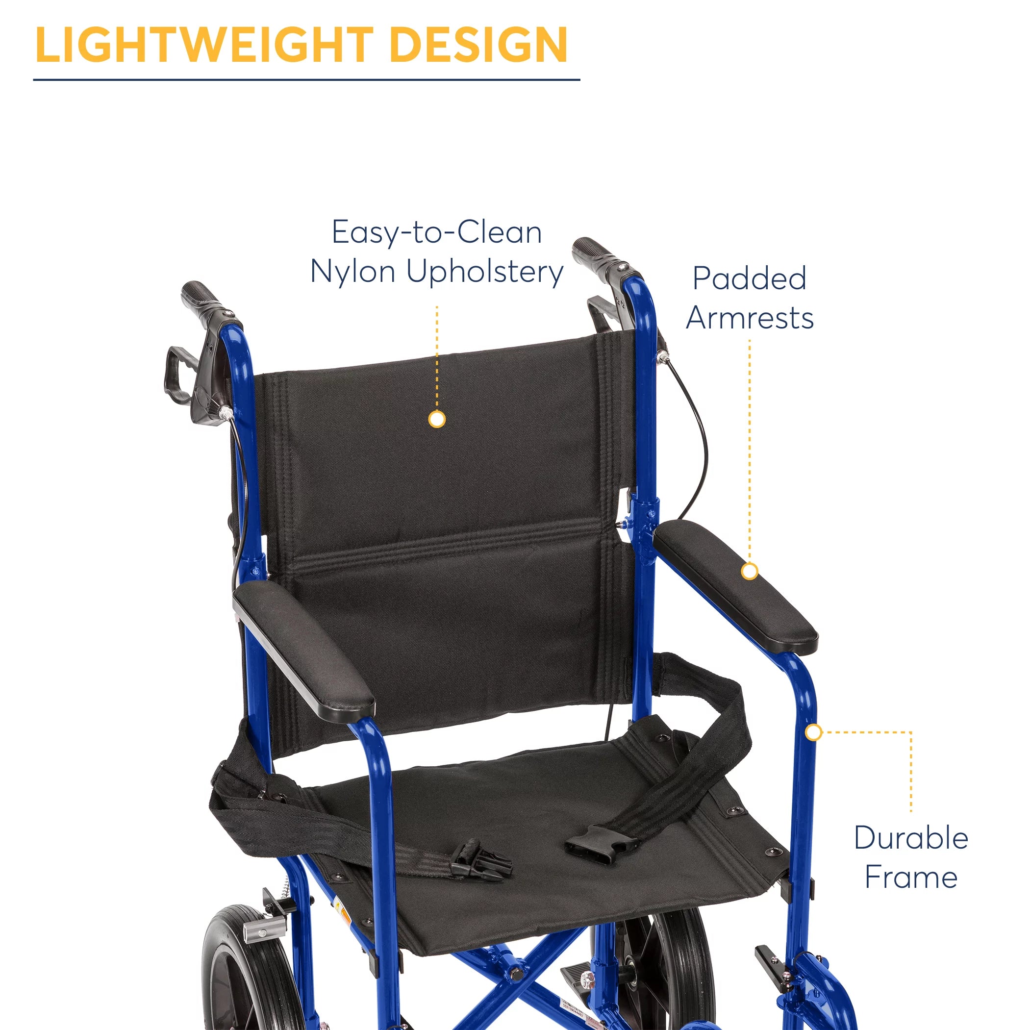Blue 19" Seat Lightweight Transport Wheelchair with Hand Brakes I871