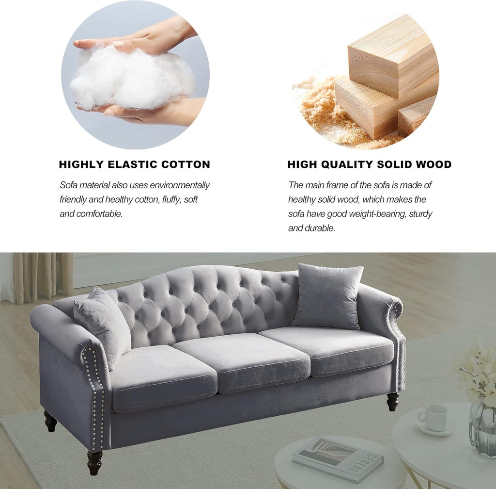 Grey Velvet 3 Seater Chesterfield Sofa N24926
