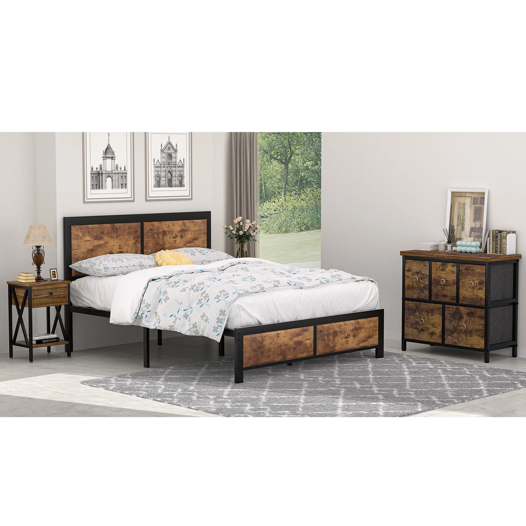 4-Piece Bedroom Set with Queen Size Platform Bed Frame & 5-Drawer Dresser & Two Nightstands, Brown L2401