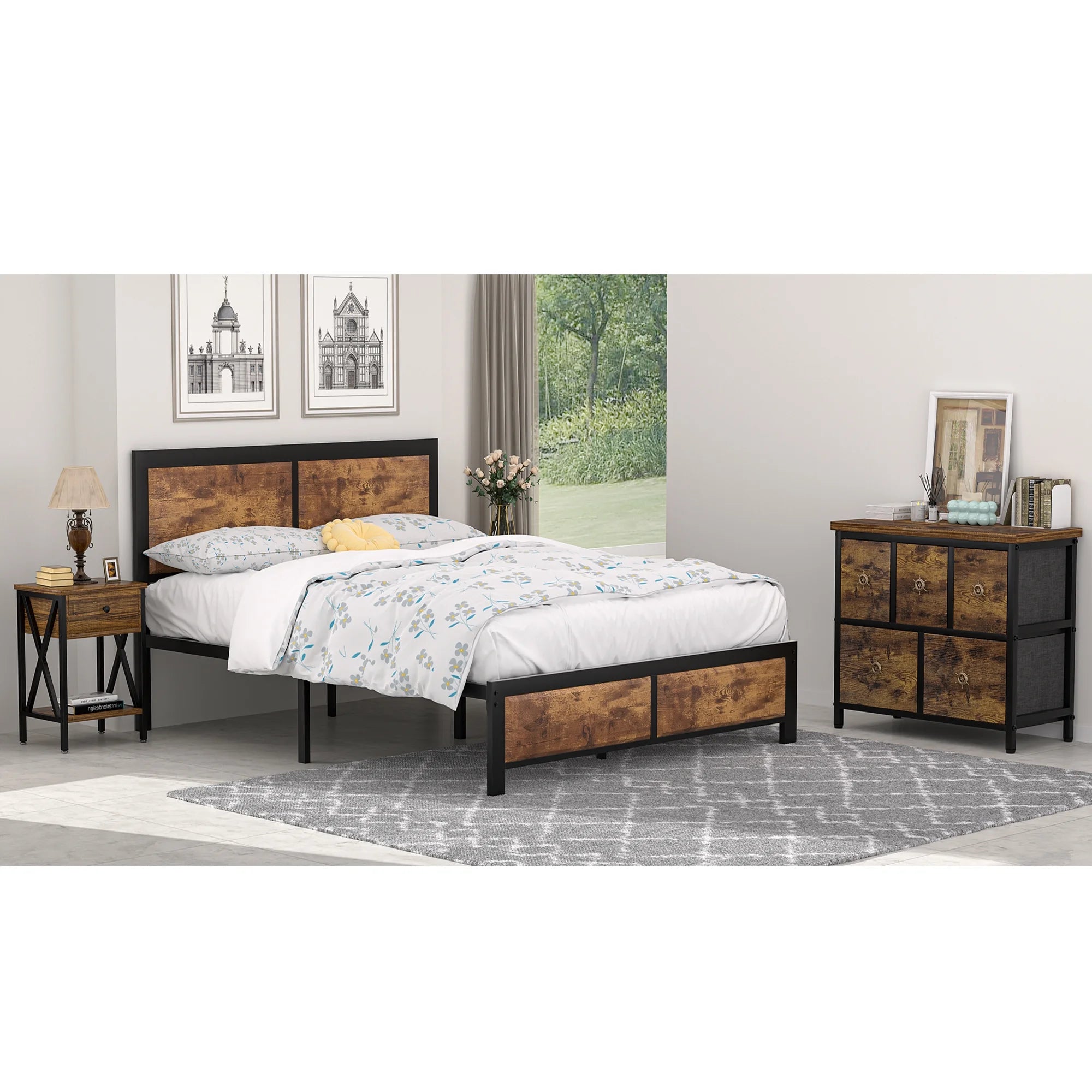 4-Piece Bedroom Set with Queen Size Platform Bed Frame & 5-Drawer Dresser & Two Nightstands, Brown L2401