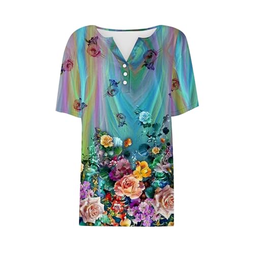 Womens Short Sleeve Henley Neck Button Up Shirts Loose Fit Blouses V1727