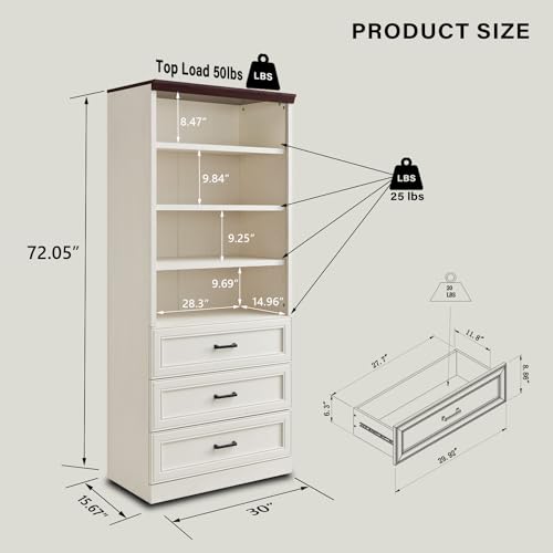Antique White Tall Storage Cabinet with 3 Drawers and Adjustable Shelves F96942