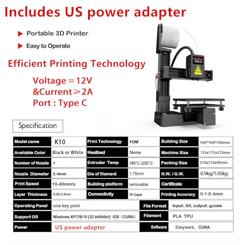 Compact FDM 3D Printer with Removable Build Plate, 0.4mm Nozzle, 100x100x100mm Build Volume Y981321