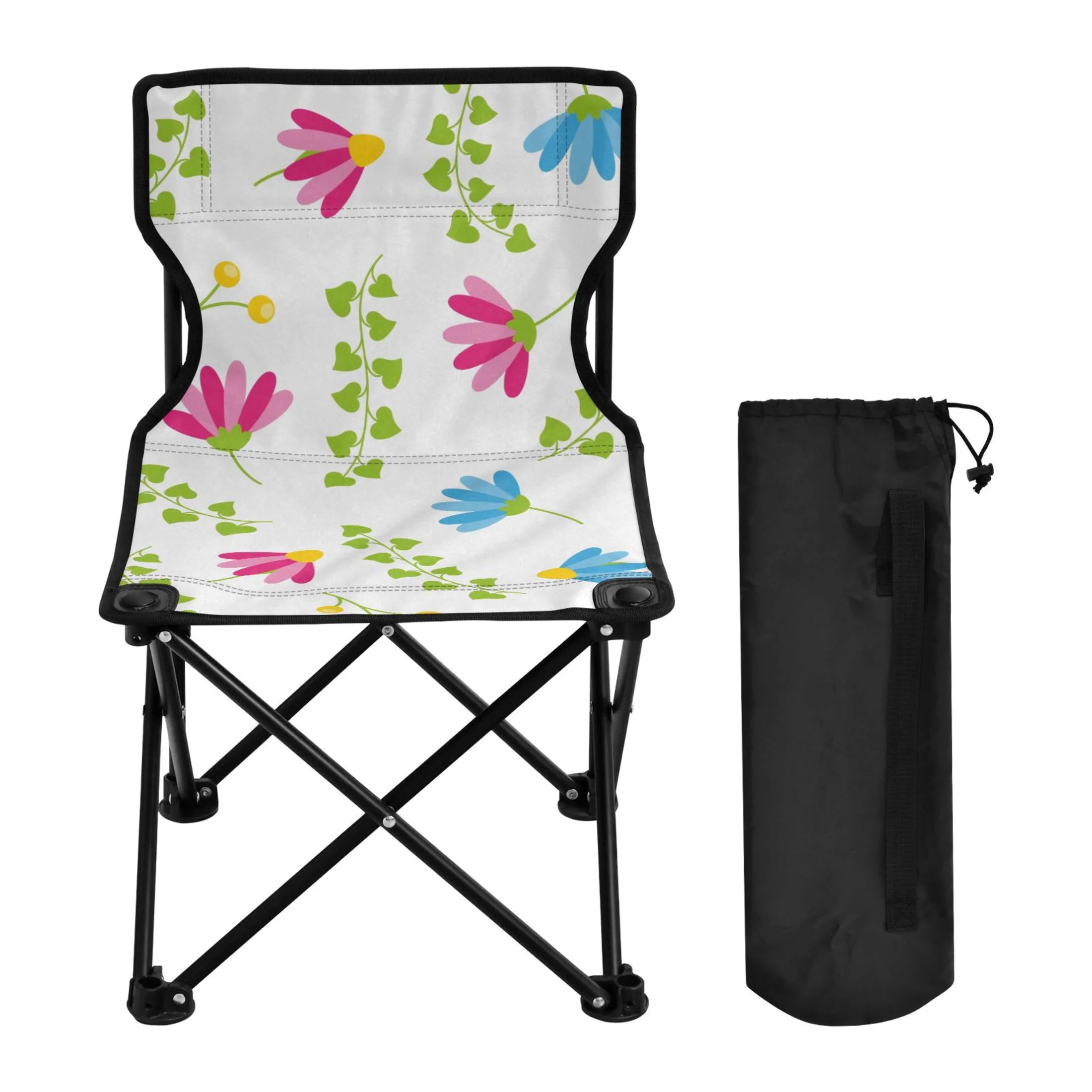 Pink Floral Green Leaves Portable Camping Chair with Carry Bag C484