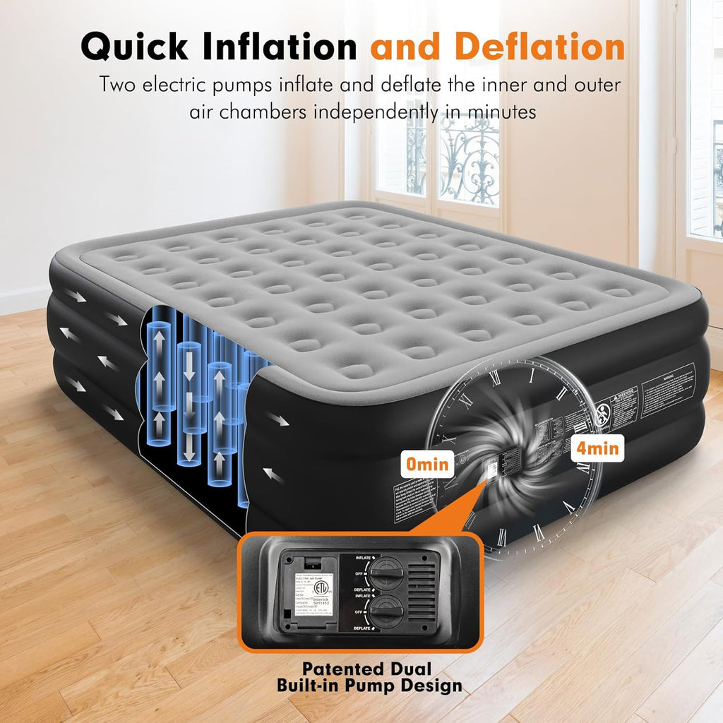 Queen Self Inflating Air Mattress 18" High with Built in Double Pump A1861