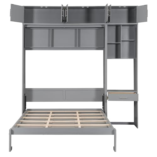 White Full Size Wood Murphy Bed with Desk and Storage Shelves A97733