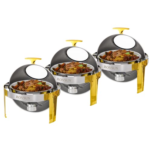 3 Packs Roll Top Stainless Steel Chafing Dish Buffet Set Gold Accent 6 Quart V154