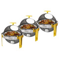 3 Packs Roll Top Stainless Steel Chafing Dish Buffet Set Gold Accent 6 Quart V154