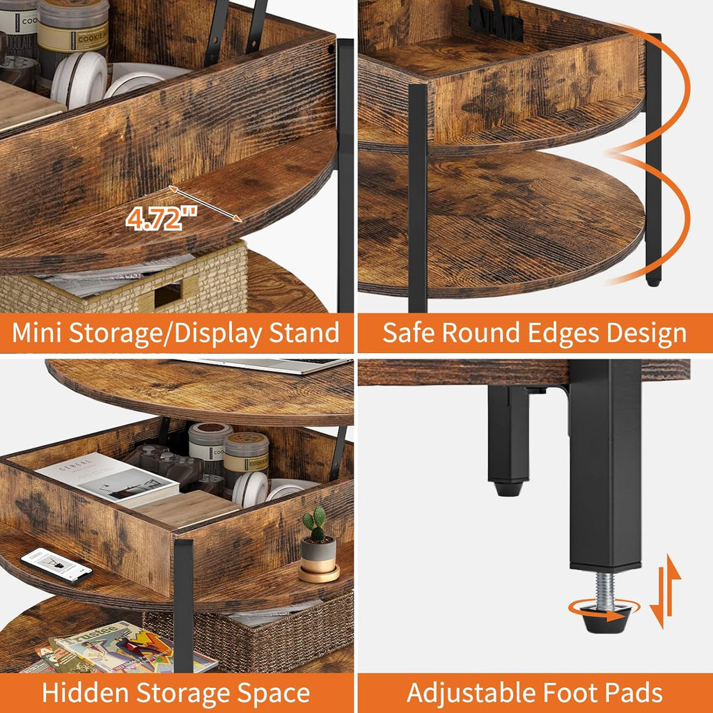 Round Lift Top Coffee Table with Storage and Hidden Compartment, 35.43 in Rustic Brown S2893
