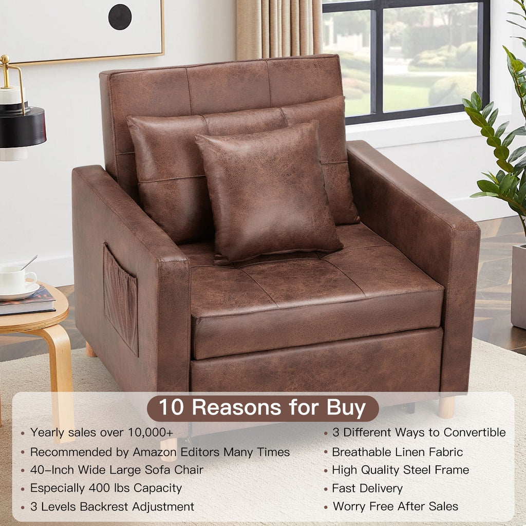 Saddle Brown 3-in-1 Convertible Sofa Bed Chair V175639
