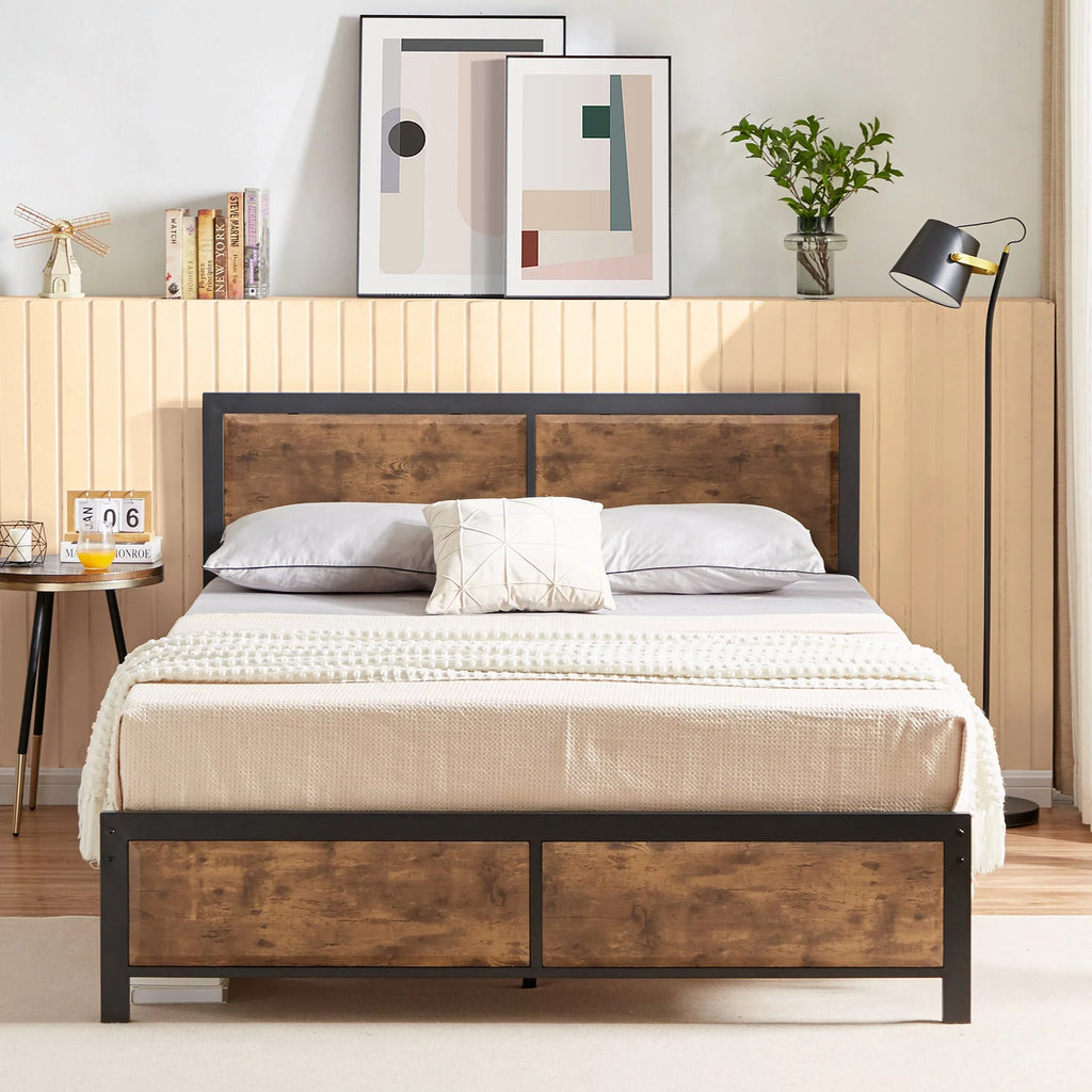 4-Piece Bedroom Set with Queen Size Platform Bed Frame & 5-Drawer Dresser & Two Nightstands, Brown L2401
