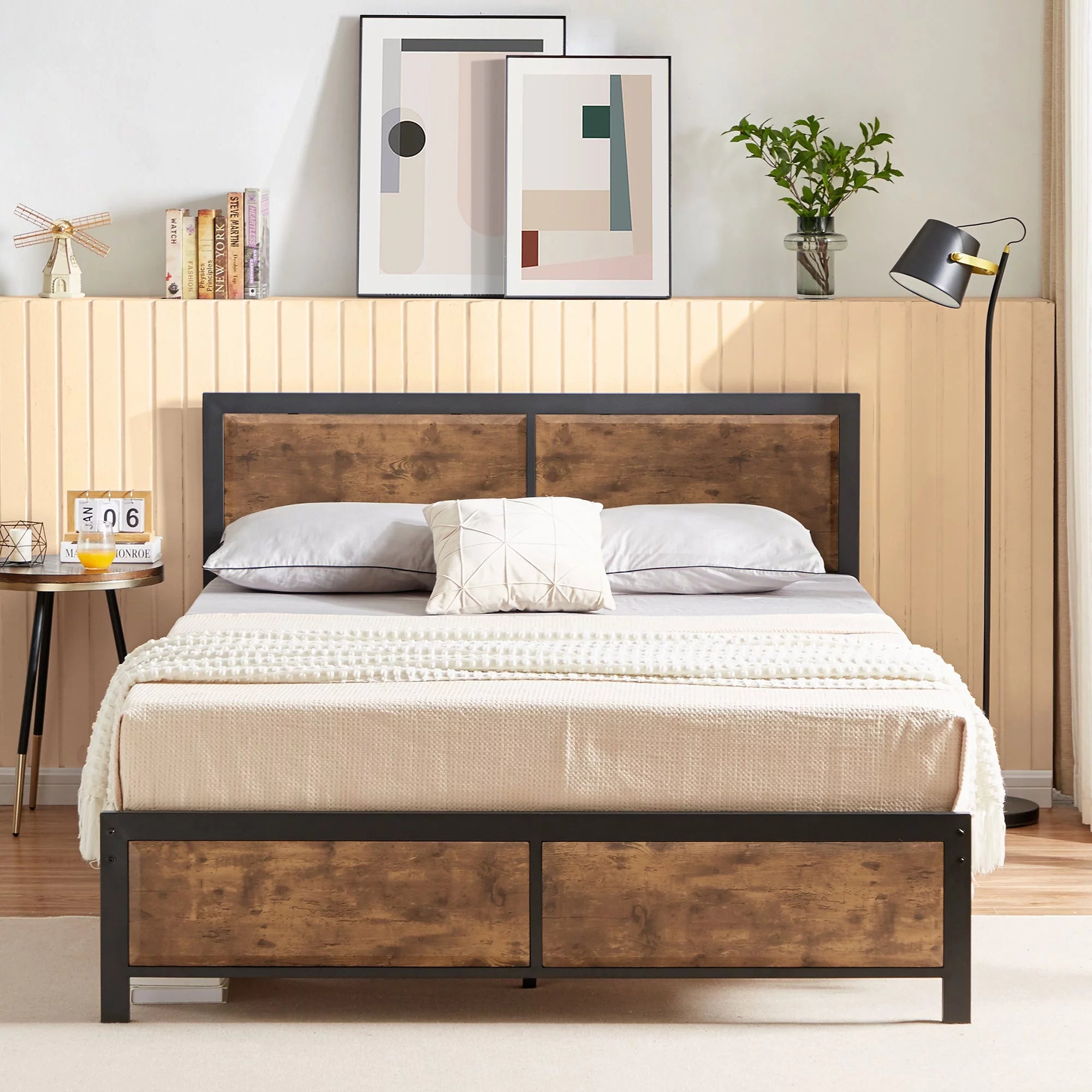 4-Piece Bedroom Set with Queen Size Platform Bed Frame & 5-Drawer Dresser & Two Nightstands, Brown L2401