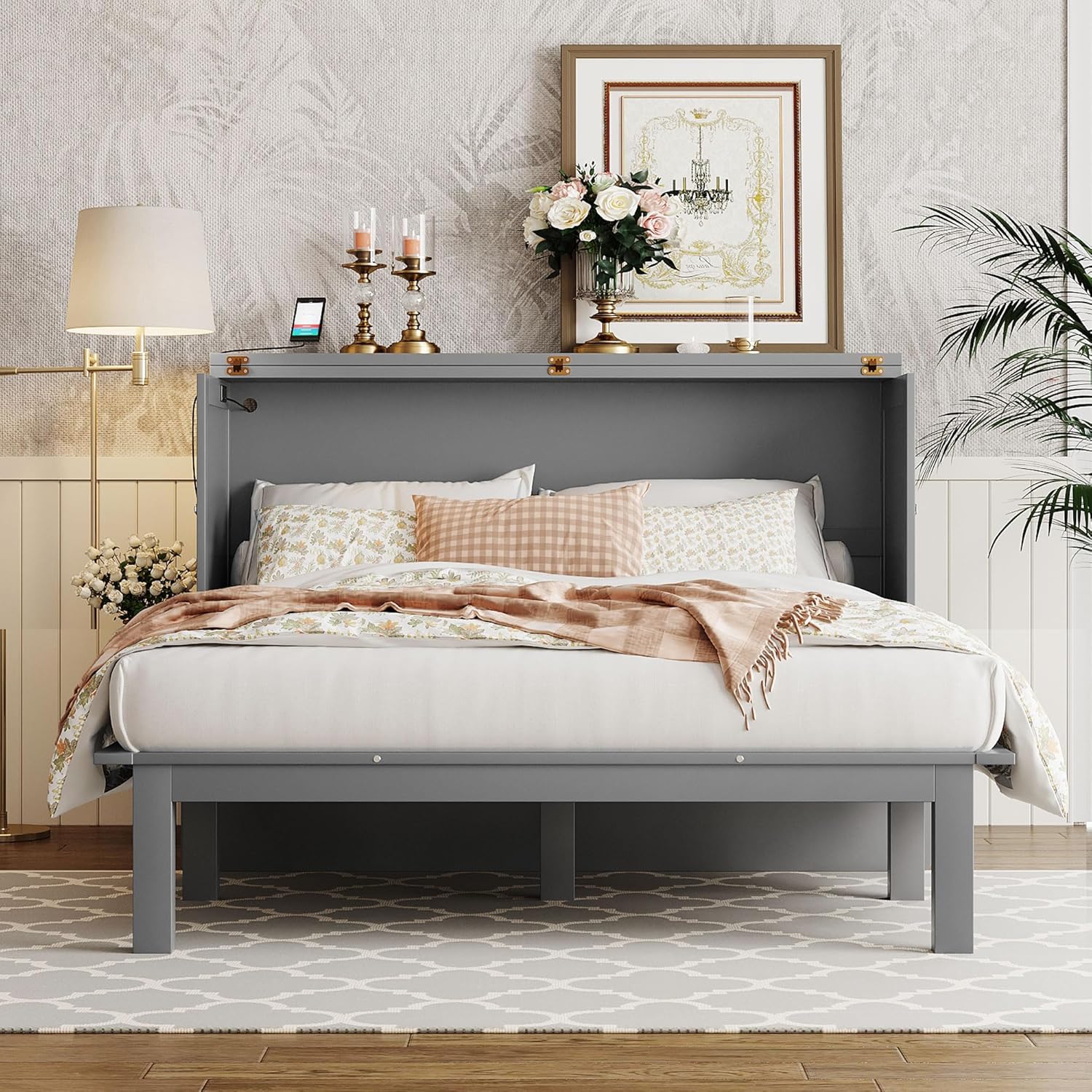 Grey Queen Murphy Bed with Desk Board and Removable Shelves E7492
