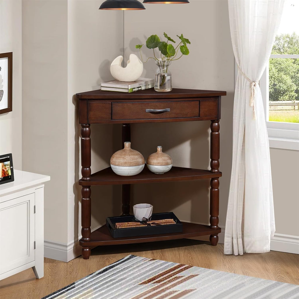 Light Espresso Wood Corner Table with 1 Storage Drawer K2081