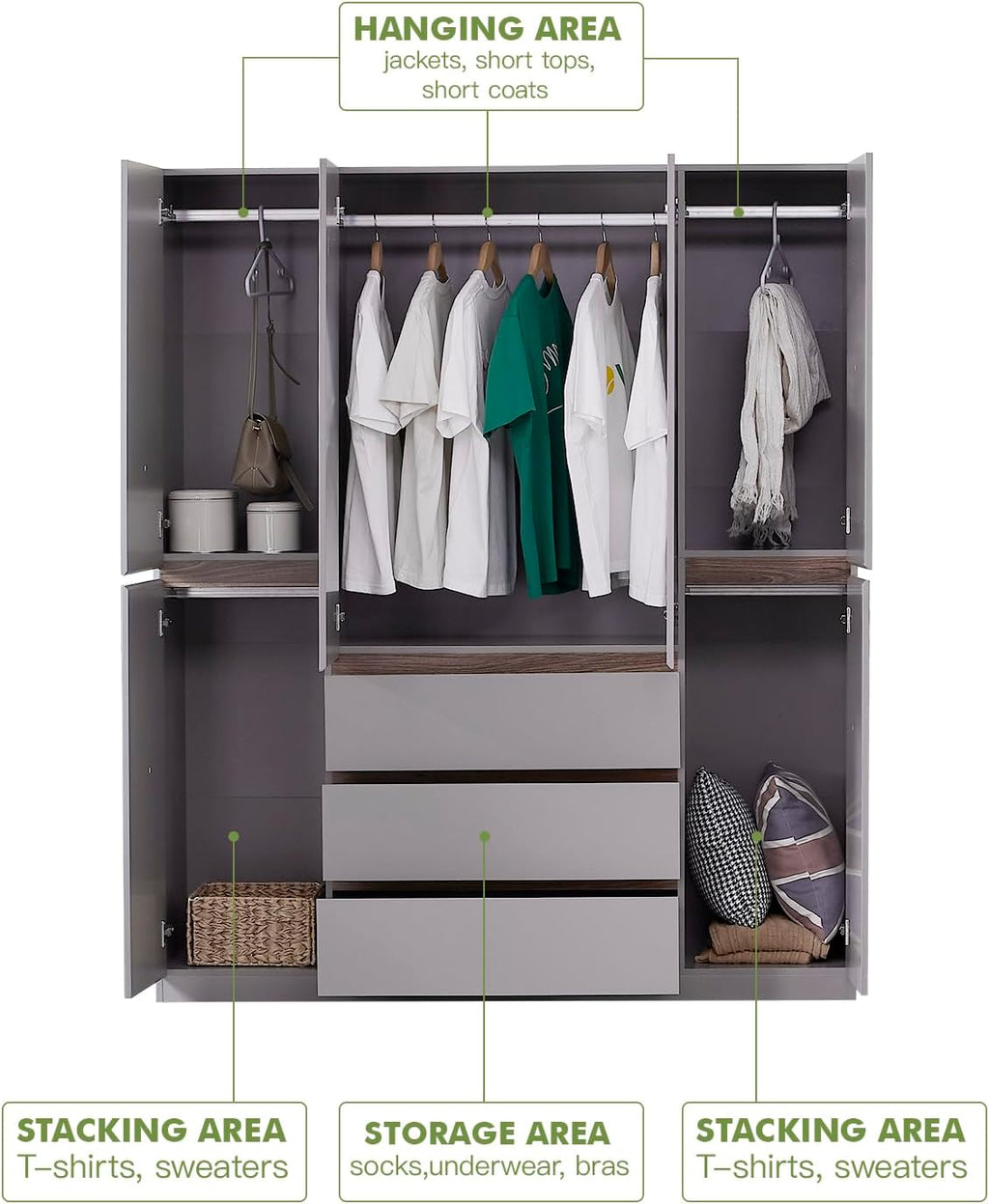 Gray 4-Door 3 Drawer Wooden Armoire Wardrobe V847