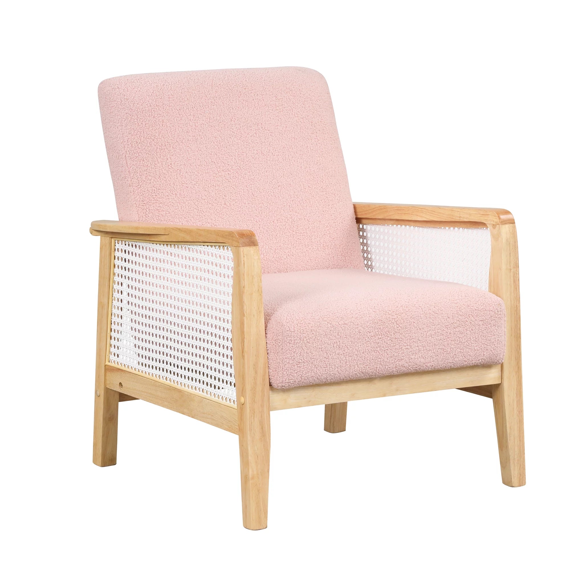 Pink Teddy Short Plush Particle Velvet Rattan Mesh Upholstered Accent Armchair F5114