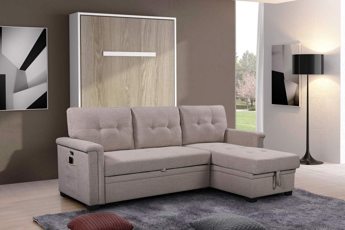 Linen Tufted Upholstered Convertible Corner Couch with Storage Chaise and Pull Out Bed, 84", Light Gray P902921