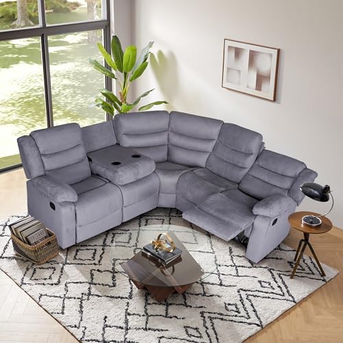 Grey Microfiber Manual Reclining Sectional Sofa with Cup Holders C231