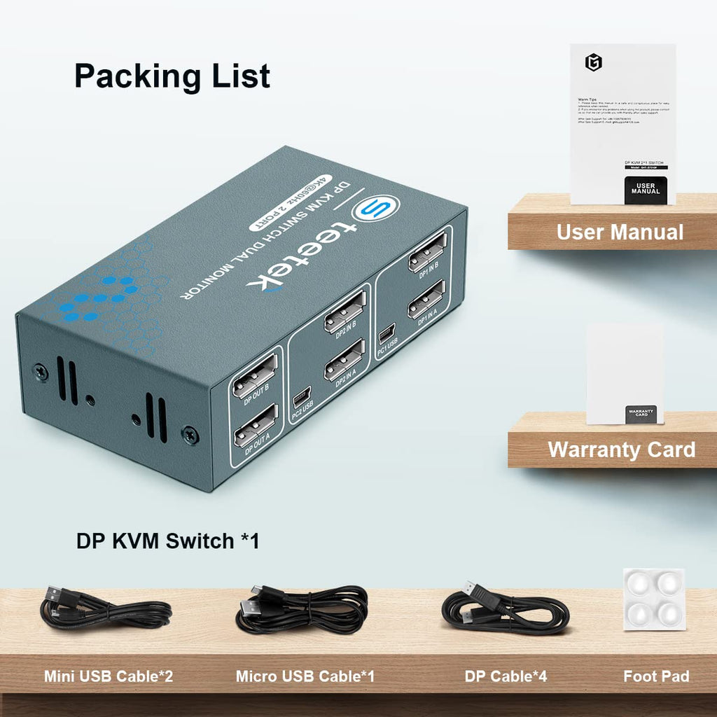 KVM Switch Dual Monitor DP 4K@60Hz with 4 USB 2.0 Hub O43227
