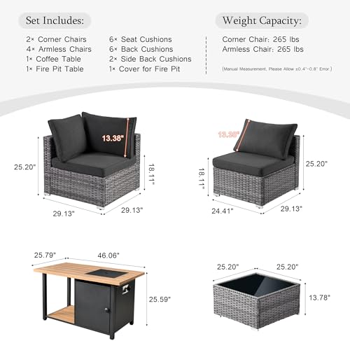 9 Piece Outdoor Wicker Patio Furniture Set with 50" Fire Table, PE Rattan Conversation Set with Swivel Chair K86976