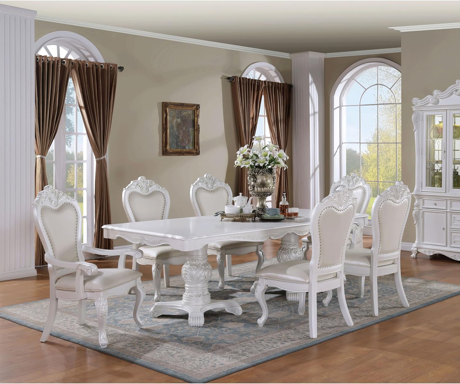 Solid Wood 7-Piece Dining Set with Expandable Table and 6 Leather Padded Side Chairs, White V884042