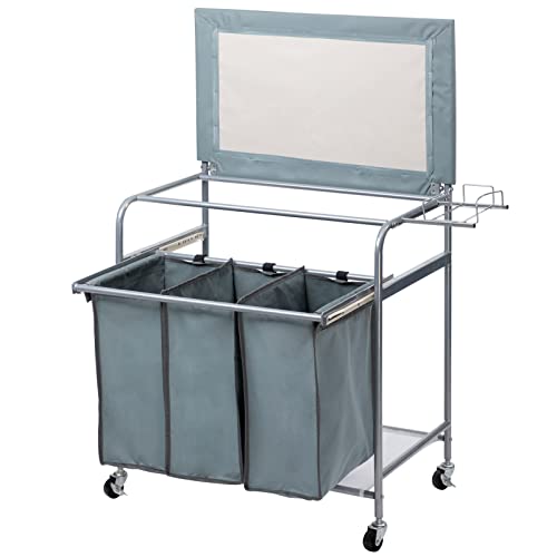 Blue Grey Rolling Laundry Sorter with Ironing Board and 3-Bag E185652