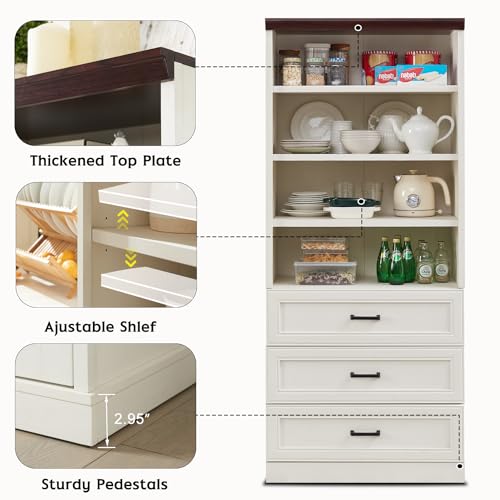 Antique White Tall Storage Cabinet with 3 Drawers and Adjustable Shelves F96942