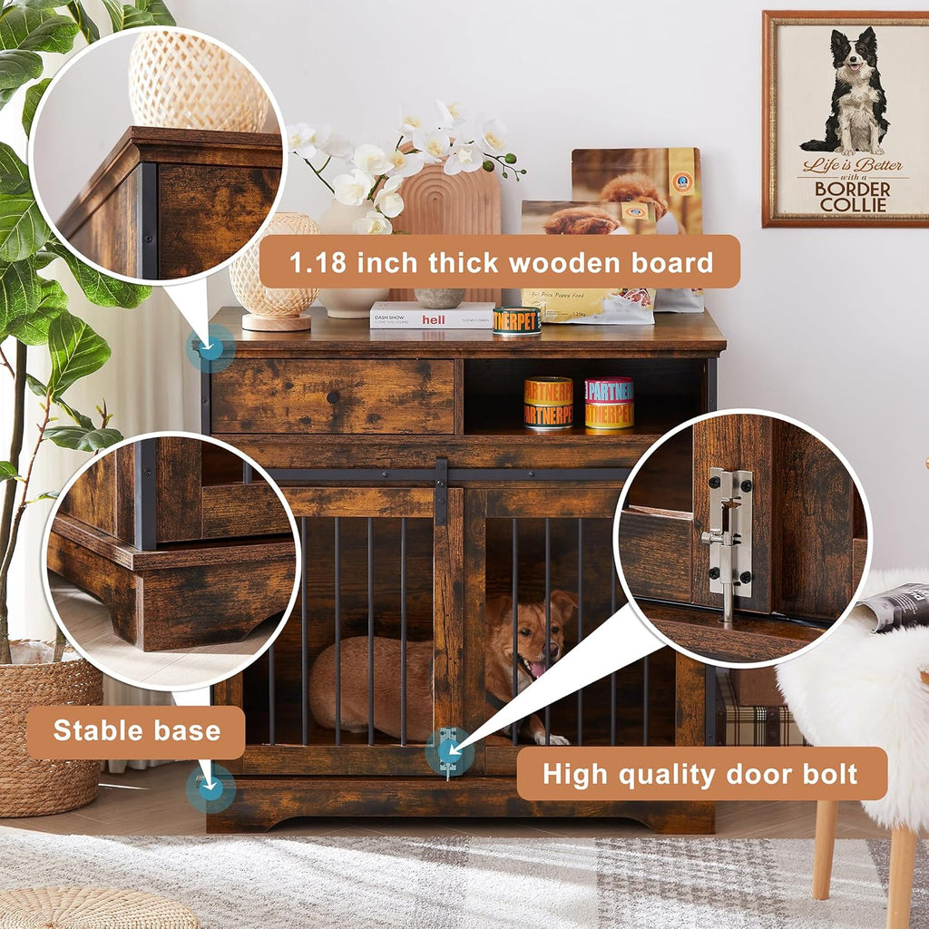 Rustic Brown Wooden Dog Crate with Sliding Barn Door and Storage Drawers V639495
