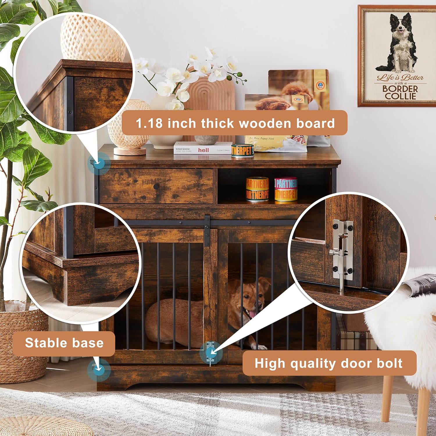 Rustic Brown Wooden Dog Crate with Sliding Barn Door and Storage Drawers V639495