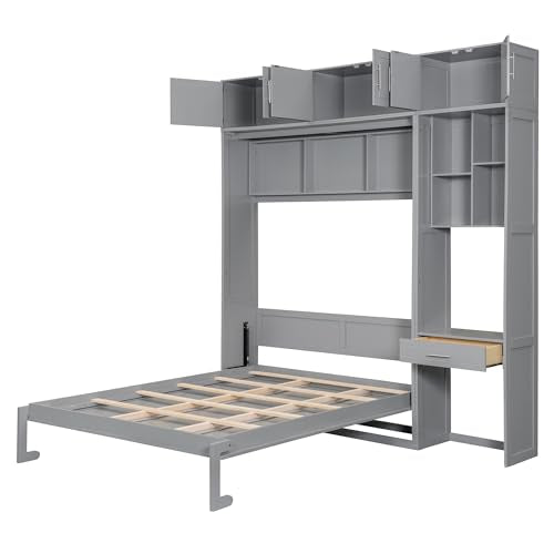 White Full Size Wood Murphy Bed with Desk and Storage Shelves A97733