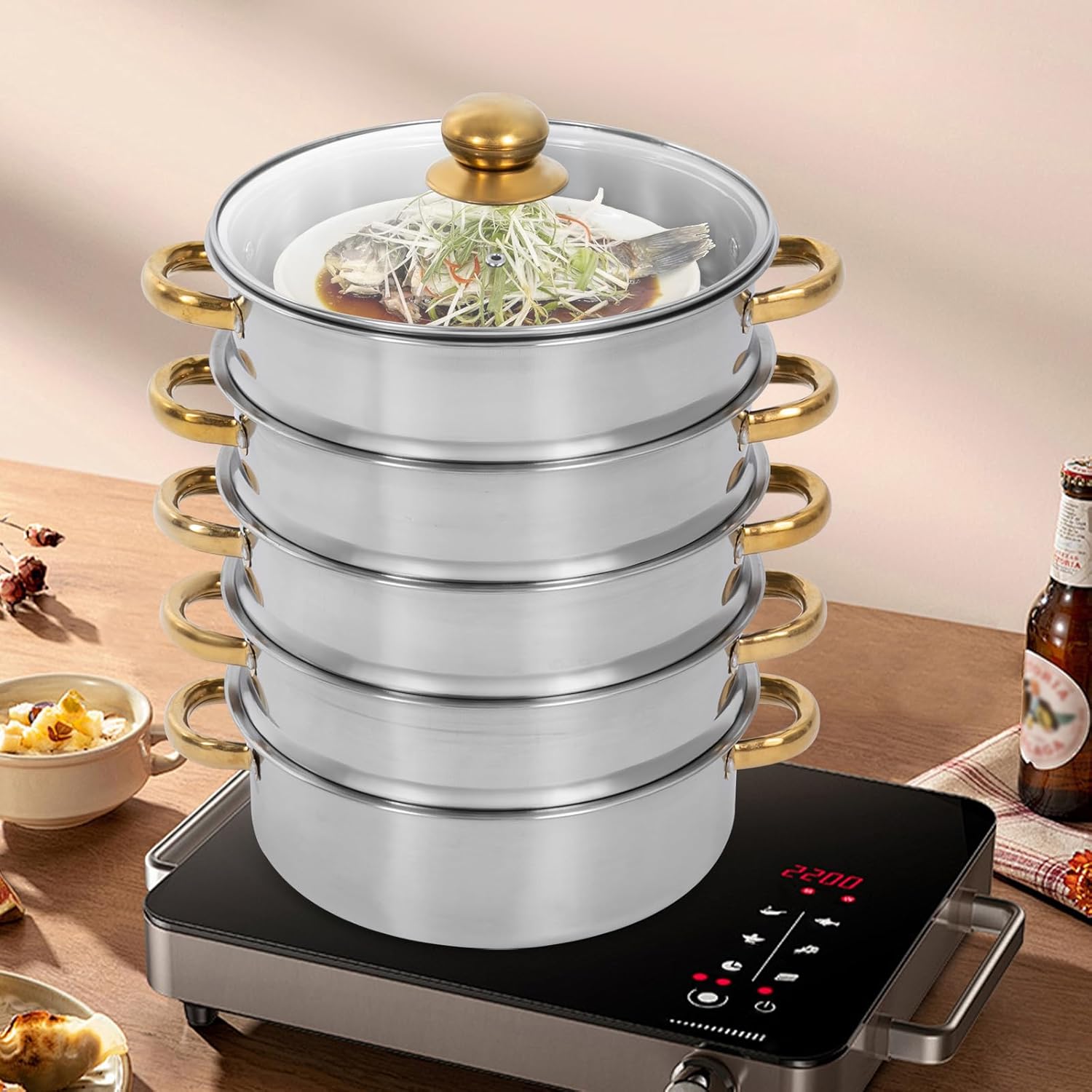 26cm Stainless Steel 5 Tier Steamer Pot with Glass Lid R308727