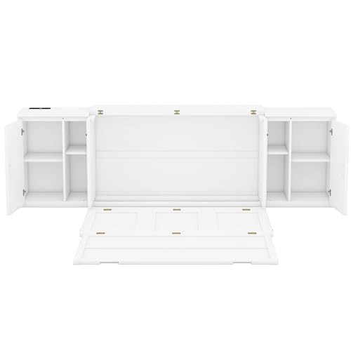 Queen Size Solid Wood Murphy Wall Bed With Storage and Bookcase Headboard (White) F614