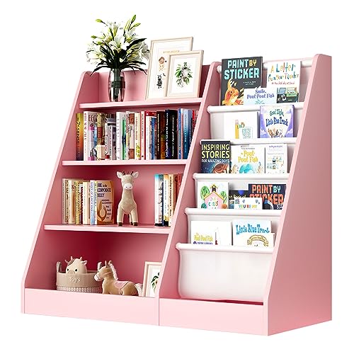 White Wood Kids Bookshelf with 3 Cube Bins Fabric Drawers B638