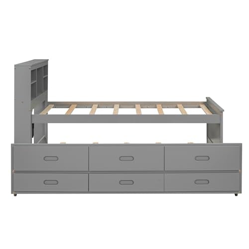 Gray Full Size Bookcase Bed with Trundle and Storage Drawers L29631