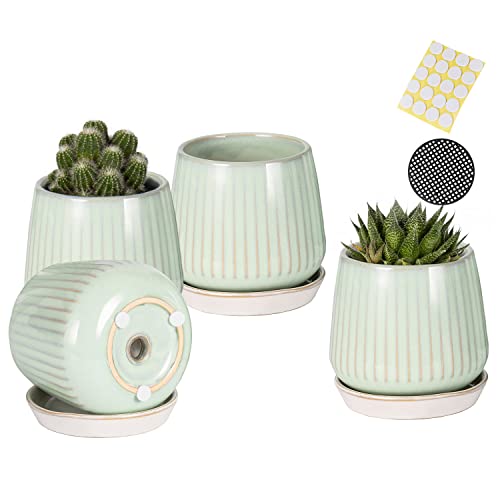 Blue Set of 4 Ceramic Succulent Planter Pots with Drainage Hole and Saucers G296