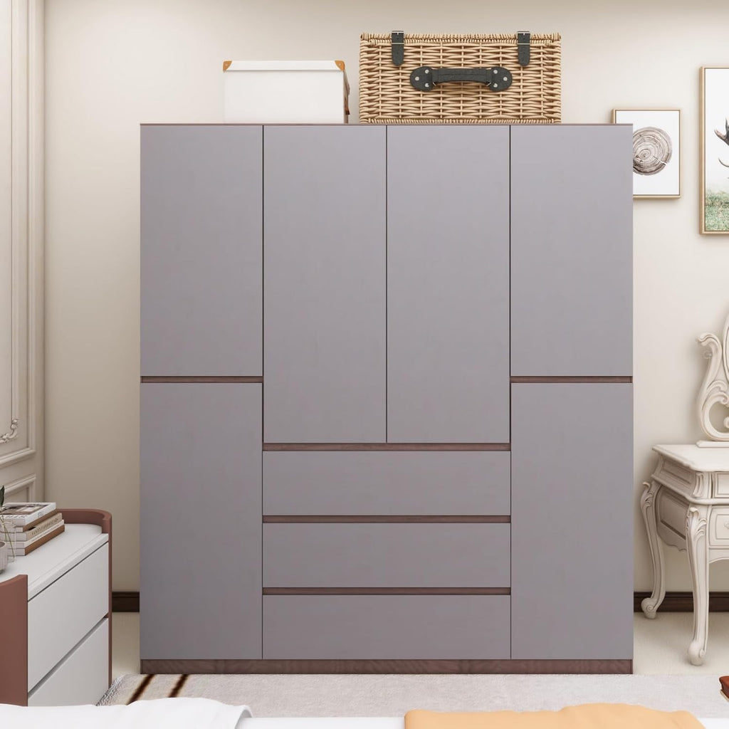 Gray 4-Door 3 Drawer Wooden Armoire Wardrobe V847