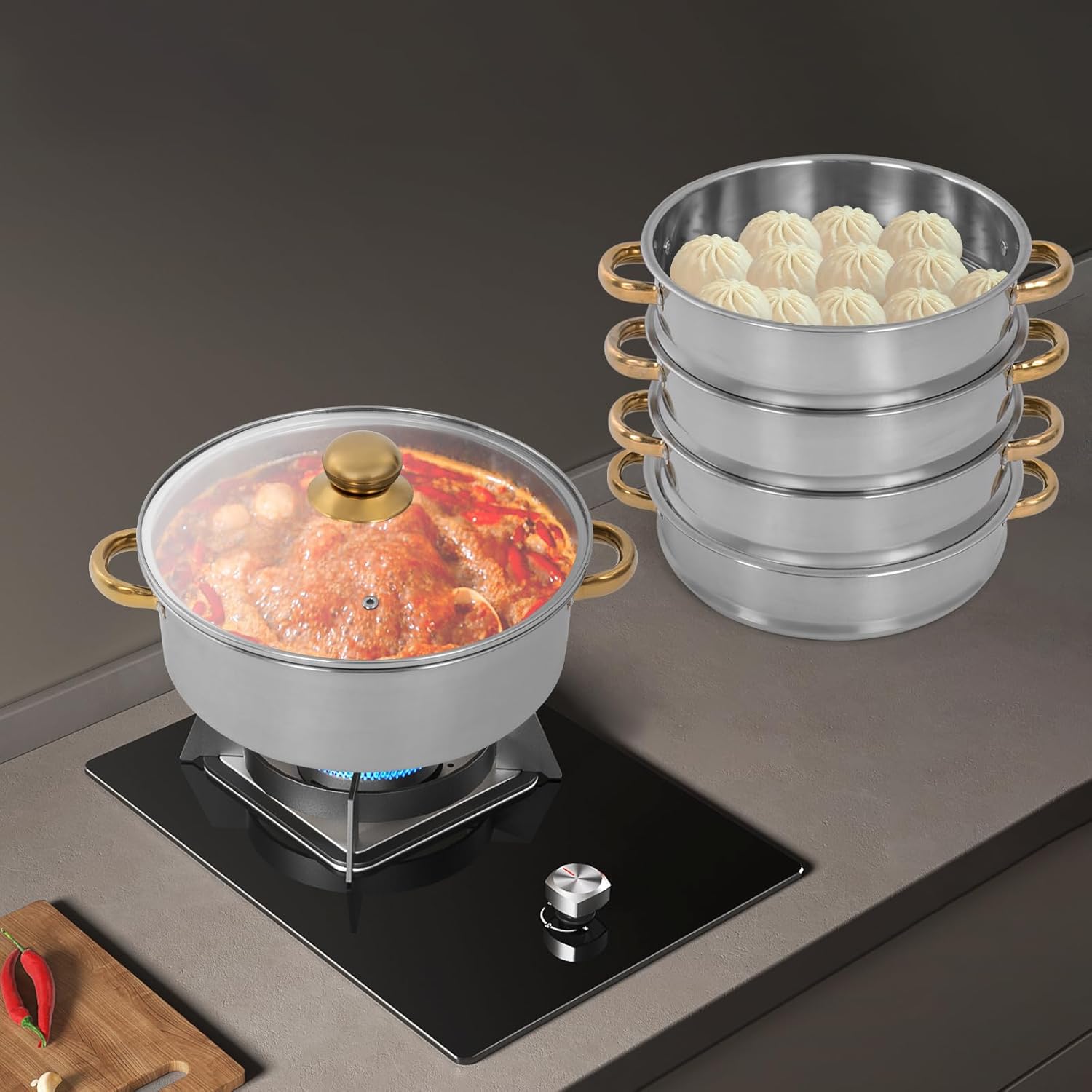 26cm Stainless Steel 5 Tier Steamer Pot with Glass Lid R308727