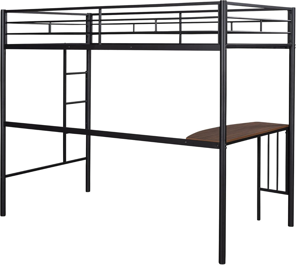 Twin Size Metal Loft Bed with Desk and Storage Shelves (Black) M532