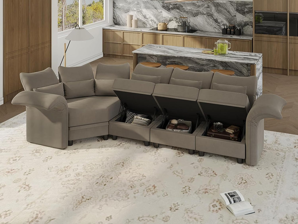 Brown Velvet Modular Sectional Sofa L Shaped Corner Couch with Storage Chaise O954