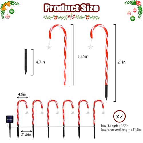 12Pcs Candy Cane Lights, 21'' Solar Christmas Decorations I493