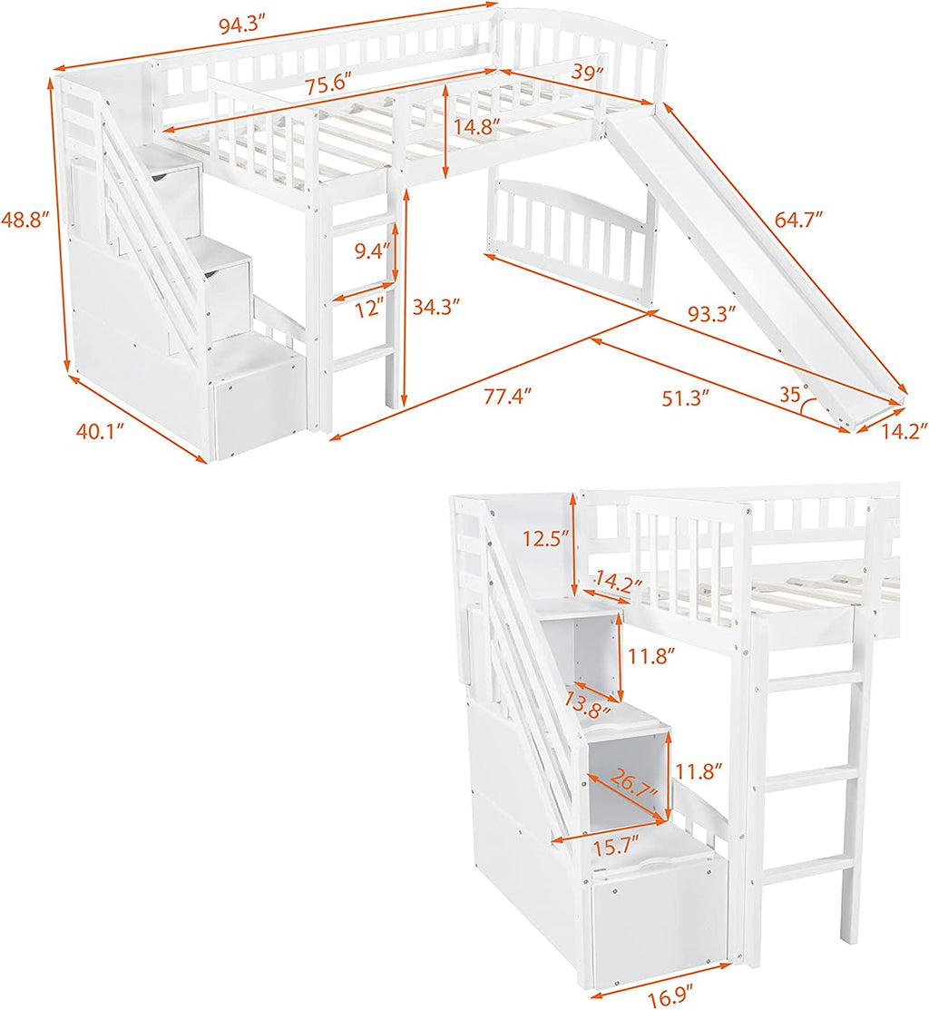 White Wooden Low Loft Bed Frame With Storage U242