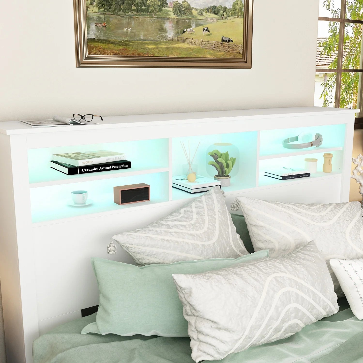 65"W Wooden Bookcase Headboard With Light T386
