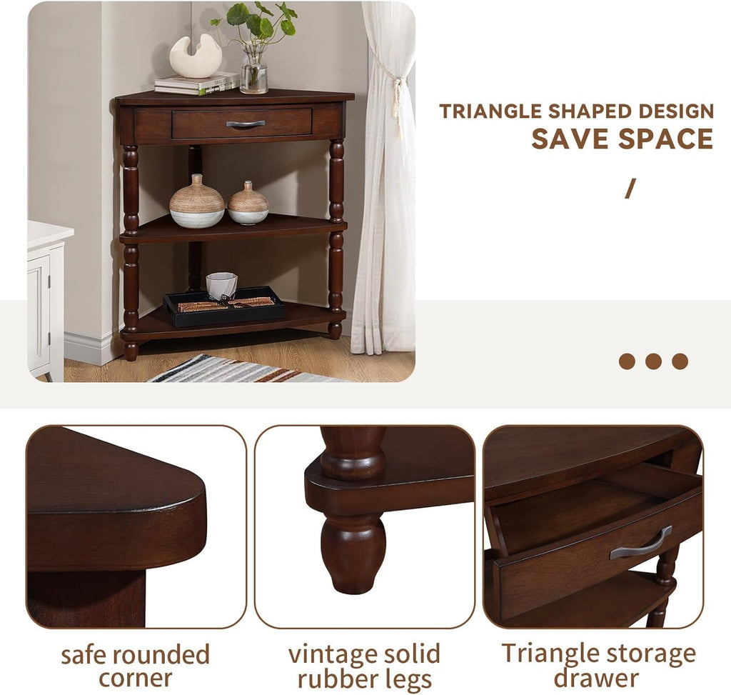 Light Espresso Wood Corner Table with 1 Storage Drawer K2081