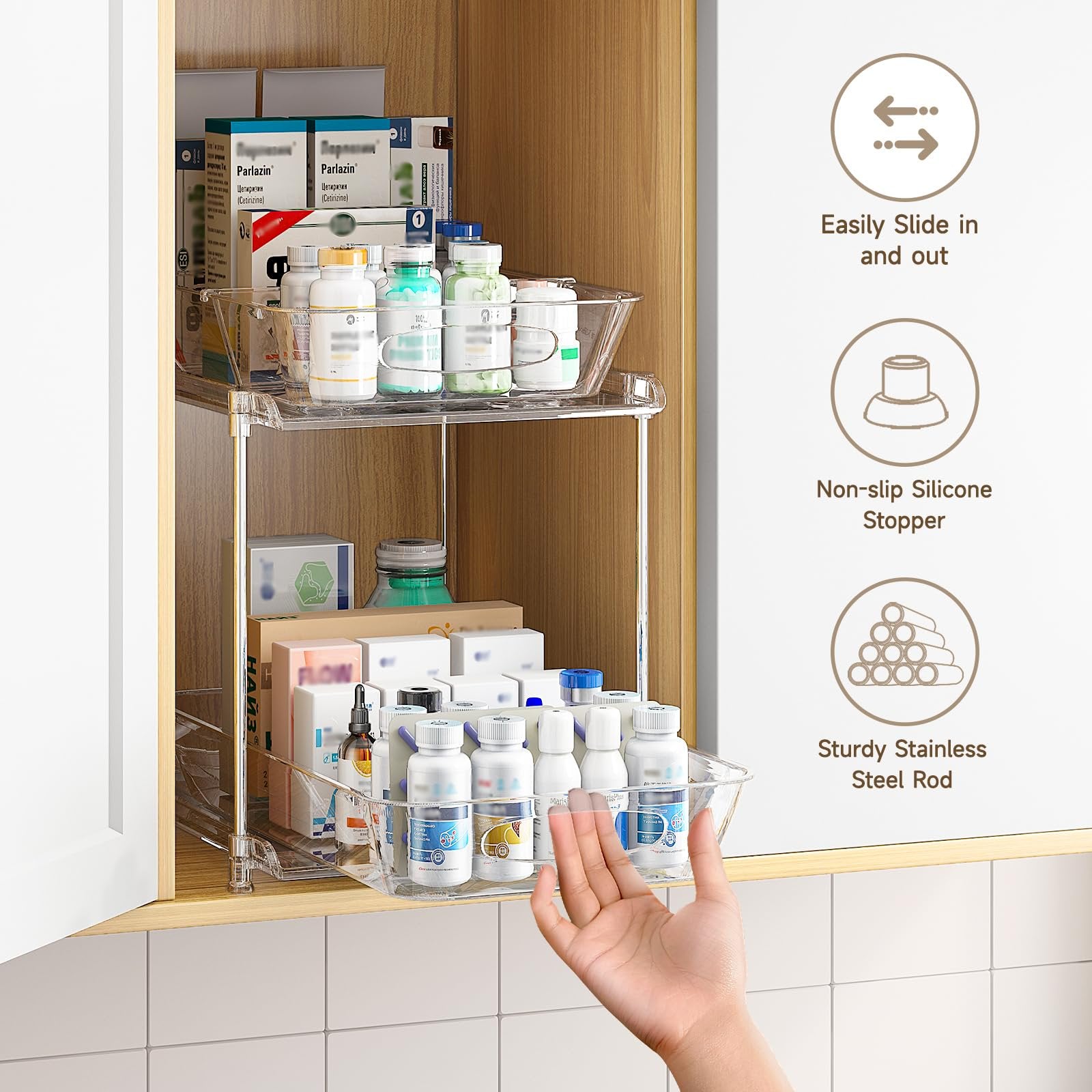 2 Pack Clear Pull Out Drawer Under Sink Organizer with Movable Dividers X31806