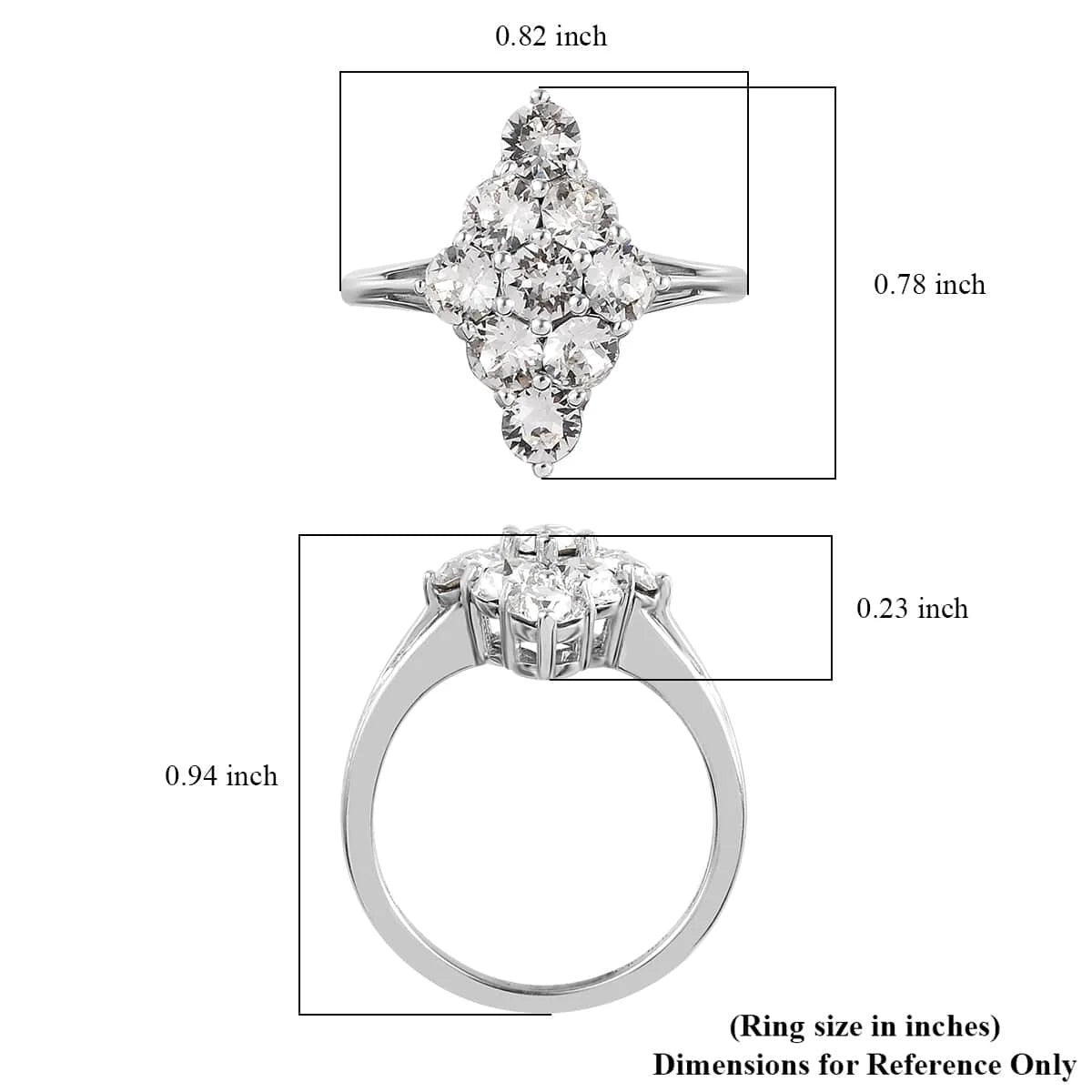 White Crystal Round 925 Sterling Silver Platinum Plated Cluster Ring Size 9 V766